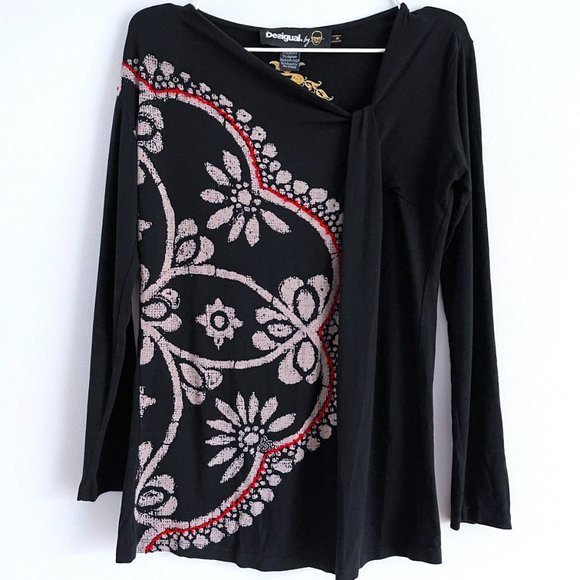 Desigual Tops - Desigual by Christian Lacroix Black Long Sleeve Shirt Flower Graphic Stitching M